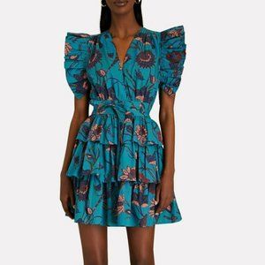 ULLA Johnson Sena Ruffle Floral Print Pleated Short Sleeve Cotton Mini Dress 8